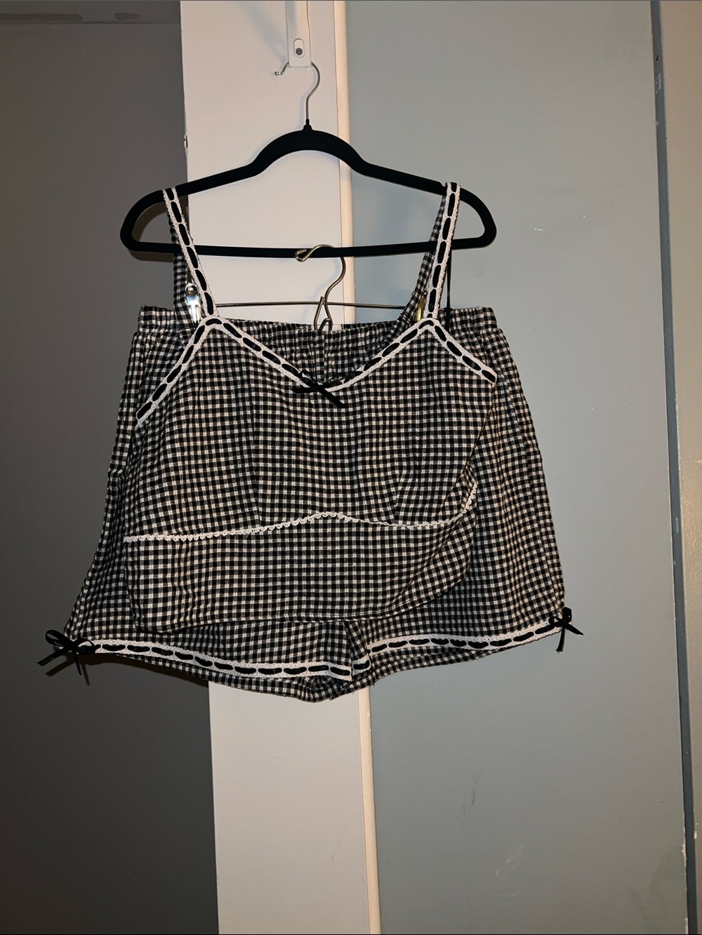 Black & White Gingham Women's Two Piece Set with Trim